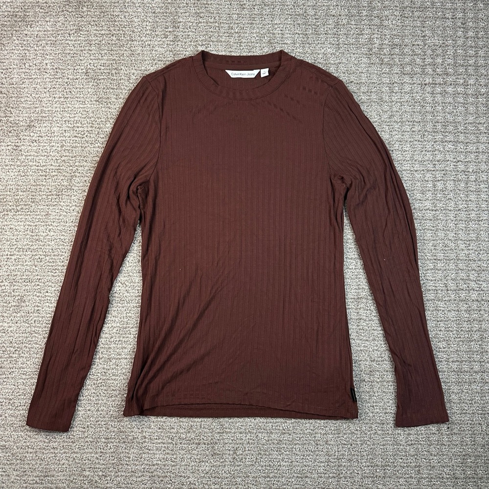 Calvin Klein Jeans Womens Brown Ribbed Long Sleeve Crew Neck Top Size L